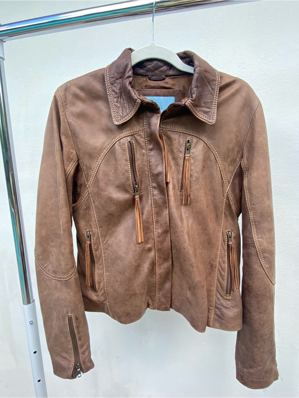 Y2K Brown Leather Fringe Bomber Jacket Size Large
